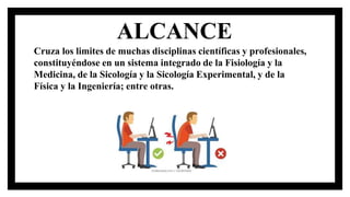ALCANCE
Cruza los limites de muchas disciplinas científicas y profesionales,
constituyéndose en un sistema integrado de la Fisiología y la
Medicina, de la Sicología y la Sicología Experimental, y de la
Física y la Ingeniería; entre otras.
 