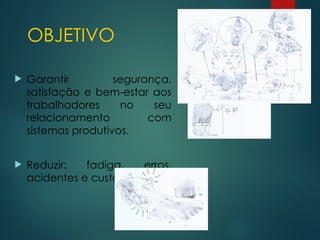 OBJETIVO
 Garantir segurança,
satisfação e bem-estar aos
trabalhadores no seu
relacionamento com
sistemas produtivos.
 Reduzir: fadiga, erros,
acidentes e custos
 