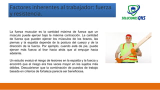 02/19/2025 16
La fuerza muscular es la cantidad máxima de fuerza que un
músculo puede ejercer bajo la máxima contracción. La cantidad
de fuerza que pueden ejercer los músculos de los brazos, las
piernas y la espalda depende de la postura del cuerpo y de la
dirección de la fuerza. Por ejemplo, cuando está de pie, puede
ejercer más fuerza al tirar hacia atrás que al empujar hacia
adelante.
Un estudio evaluó el riesgo de lesiones en la espalda y la fuerza y
​
​
encontró que el riesgo era tres veces mayor en los sujetos más
débiles. Descubrieron que la combinación de puestos de trabajo
basada en criterios de fortaleza parecía ser beneficiosa.
Factores inherentes al trabajador: fuerza
y resistencia.
 