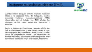 02/19/2025 5
Cuando existe un desajuste entre los requisitos físicos del
trabajo y la capacidad física del trabajador, pueden
producirse trastornos musculoesqueléticos (TME)
relacionados con el trabajo. Los TME afectan los
músculos, nervios, vasos sanguíneos, ligamentos y
tendones.
Según la Oficina de Estadísticas Laborales (BLS), los
TME son la categoría más grande de lesiones en el lugar
de trabajo y son responsables de casi el 30% de todos los
costos de compensación laboral. Los trabajadores de
muchas industrias y ocupaciones diferentes pueden estar
expuestos a factores de riesgo en el trabajo, tales como:
Trastornos musculoesqueléticos (TME).
 