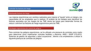 02/19/2025 55
Controlar los factores de riesgo
Eliminando factores de riesgo
Las mejoras ergonómicas son cambios realizados para mejorar el "ajuste" entre un trabajo y las
capacidades de los empleados que lo realizan. El análisis de los trabajos para identificar los
factores asociados con los riesgos de los TME sienta las bases para desarrollar formas de
reducir o eliminar los factores de riesgo ergonómicos para los TME.
Estrategias ergonómicas de control de peligros
Para controlar los peligros ergonómicos, se ha utilizado una jerarquía de controles como medio
para determinar cómo implementar controles factibles y efectivos. ANSI / ASSP Z10-2012,
Sistemas de gestión de seguridad y salud ocupacional , alienta a los empleadores a utilizar la
siguiente jerarquía de controles de peligros:
 