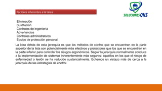 02/19/2025 57
Eliminación
Sustitución
Controles de ingeniería
Advertencias
Controles administrativos
Equipo de protección personal
La idea detrás de esta jerarquía es que los métodos de control que se encuentran en la parte
superior de la lista son potencialmente más efectivos y protectores que los que se encuentran en
la parte inferior para controlar los riesgos ergonómicos. Seguir la jerarquía normalmente conduce
a la implementación de sistemas inherentemente más seguros: aquellos en los que el riesgo de
enfermedad o lesión se ha reducido sustancialmente. Echemos un vistazo más de cerca a la
jerarquía de las estrategias de control.
Factores inherentes a la tarea
 