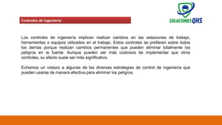 02/19/2025 59
Controles de ingeniería
Los controles de ingeniería implican realizar cambios en las estaciones de trabajo,
herramientas o equipos utilizados en el trabajo. Estos controles se prefieren sobre todos
los demás porque realizan cambios permanentes que pueden eliminar totalmente los
peligros en la fuente. Aunque pueden ser más costosos de implementar que otros
controles, su efecto suele ser más significativo.
Echemos un vistazo a algunas de las diversas estrategias de control de ingeniería que
pueden usarse de manera efectiva para eliminar los peligros.
 