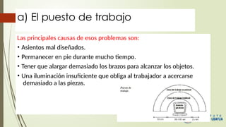 a) El puesto de trabajo
Las principales causas de esos problemas son:
• Asientos mal diseñados.
• Permanecer en pie durante mucho tiempo.
• Tener que alargar demasiado los brazos para alcanzar los objetos.
• Una iluminación insuficiente que obliga al trabajador a acercarse
demasiado a las piezas.
 