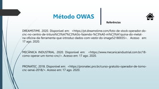 Método OWAS
Referências
DREAMSTIME. 2020. Disponível em: <https://pt.dreamstime.com/foto-de-stock-operador-do-
cnc-no-centro-de-tritura%C3%A7%C3%A3o-fazendo-%C3%A0-m%C3%A1quina-do-metal-
na-oficina-da-ferramenta-que-introduz-dados-com-vestir-do-image52180035>. Acesso em:
17 ago. 2020.
MECÂNICA INDUSTRIAL. 2020. Disponível em: <https://www.mecanicaindustrial.com.br/18-
como-operar-um-torno-cnc/>. Acesso em: 17 ago. 2020.
PRONATEC. 2018. Disponível em: <https://pronatec.pro.br/curso-gratuito-operador-de-torno-
cnc-senai-2018/>. Acesso em: 17 ago. 2020.
 