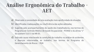 Análise Ergonômica do Trabalho -
AET
a) Observada a necessidade de uma avaliação mais aprofundada da situação;
b) Identificadas inadequações ou insuficiência das ações adotadas;
c) Sugerida pelo acompanhamento de saúde dos trabalhadores, nos termos do
Programa de Controle Médico de Saúde Ocupacional - PCMSO e da alínea “c”
do subitem 1.5.5.1.1 da NR 01;
d) Indicada causa relacionada às condições de trabalho na análise de acidentes
e doenças relacionadas ao trabalho, nos termos do Programa de
Gerenciamento de Riscos - PGR.
 