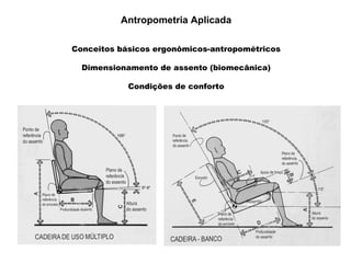 Antropometria Aplicada
Conceitos básicos ergonômicos-antropométricos
Dimensionamento de assento (biomecânica)
Condições de conforto
 