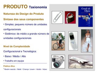 PRODUTO Taxionomia
Natureza do Design do Produto
Sintaxe dos seus componentes
• Simples: pequeno número de unidades
configuracionais
• Sistêmico: de médio a grande número de
unidades configuracionais
Nível de Complexidade
Configuracional e Tecnológica:
• Baixo / Médio / Alto
• Trabalho em equipe
Público Alvo
• Recém nascido / Bebê / Criança / Jovem / Adulto / Idoso
 