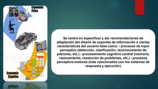 Se centra en especificar y dar recomendaciones de
adaptación del diseño de soportes de información a ciertas
características del usuario tales como: - procesos de input
perceptivo (detección, clasificación, reconocimiento de
patrones, etc.) - procesamiento cognitivo central (memoria,
razonamiento, resolución de problemas, etc.) - procesos
perceptivo-motores (más relacionados con los sistemas de
respuesta y ejecución)
 