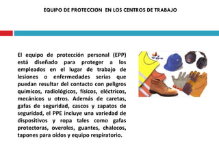 EQUIPO DE PROTECCION  EN LOS CENTROS DE TRABAJO El equipo de protección personal (EPP) está diseñado para proteger a los empleados en el lugar de trabajo de lesiones o enfermedades serias que puedan resultar del contacto con peligros químicos, radiológicos, físicos, eléctricos, mecánicos u otros. Además de caretas, gafas de seguridad, cascos y zapatos de seguridad, el PPE incluye una variedad de dispositivos y ropa tales  como gafas protectoras, overoles, guantes,  chalecos, tapones para oídos y equipo respiratorio. 