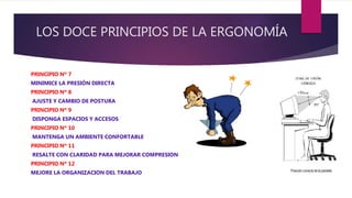 LOS DOCE PRINCIPIOS DE LA ERGONOMÍA
PRINCIPIO Nº 7
MINIMICE LA PRESIÓN DIRECTA
PRINCIPIO Nº 8
AJUSTE Y CAMBIO DE POSTURA
PRINCIPIO Nº 9
DISPONGA ESPACIOS Y ACCESOS
PRINCIPIO Nº 10
MANTENGA UN AMBIENTE CONFORTABLE
PRINCIPIO Nº 11
RESALTE CON CLARIDAD PARA MEJORAR COMPRESION
PRINCIPIO Nº 12
MEJORE LA ORGANIZACION DEL TRABAJO
 