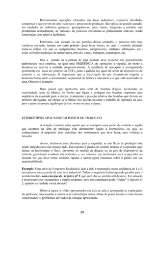 Determinadas operações efetuadas em áreas industriais, requerem atividades
complexas e que envolvem alto risco para o processo de produção. São típicas as grandes paradas
em unidades de indústrias químicas, petroquímicas, entre outras. Enquanto a unidade está
produzindo normalmente, as variáveis do processo encontram-se praticamente estáveis, sendo
controladas com relativa facilidade.
Entretanto, nas paradas ou nas partidas destas unidades, o processo tem suas
variáveis alteradas durante um certo período (pode levar horas), no qual o controle efetuado
torna-se crítico, vez que os equipamentos (bombas, compressores, caldeiras, tubulações, etc.)
estão sofrendo mudanças de temperatura, pressão, vazão, voltagem, amperagem, etc.
Ora, a parada ou a partida de uma unidade deve respeitar um procedimento
padronizado pela empresa, na qual uma SEQÜÊNCIA de operações é seguida, de modo a
desativar ou reativar a unidade progressivamente. A seqüência de operações é acompanhada
geralmente em salas de controle ou CCI’s, junto a painéis nos quais há séries de dispositivos de
controle e de informação. É importante que a localização de tais dispositivos respeite o
homomorfismo entre o acionamento seqüencial de botões e alavancas e o que está ocorrendo na
área. Observe o exemplo:
Num painel que representa uma série de bombas d’água, localizadas na
extremidade oeste da fábrica, os botões que ligam e desligam tais bombas respeitam uma
seqüência da esquerda para a direita, exatamente a posição relativa das bombas que devem ser
primeiro desligadas, até chegar-se à última. Isto facilita bastante o trabalho do operador da sala,
pois o painel reproduz aquilo que de fato ocorre na área externa.
ESTEREÓTIPOS APLICADOS EM POSTOS DE TRABALHO
A relação existente entre aquilo que se manipula num painel de controle e aquilo
que acontece na área de produção está diretamente ligado a estereótipos, ou seja, ao
conhecimento já adquirido pelo indivíduo dos movimentos que deve fazer, pela vivência e
intuição.
Assim, inclina-se uma alavanca para a esquerda, se um fluxo de produção está
sendo dirigido para este mesmo lado. Um registro é girado em sentido horário se o operador quer
fechar ou interromper o fluxo. Inversões no sentido de direção ou de giro de dispositivos de
controle geralmente resultam em acidentes e, no mínimo, em incômodos para o operador no
instante em que deve tomar decisões rápidas e adotar ações imediatas sobre o painel sob sua
responsabilidade.
Exemplo: Uma série de 5 registros localizados lado a lado e numerados numa seqüência de 1 a 5,
encontra-se numa parede de uma área industrial. Todos os registros fecham quando girados para o
sentido horário, com exceção do registro nº2, que só fecha no sentido anti-horário. Tal situação
é responsável por vazamentos e outros acidentes, pois um trabalhador pode “fechar” o registro nº
2, quando na verdade o está abrindo!
Observe agora os slides apresentados em sala de aula e acompanhe as explicações
do professor, relacionadas à ausência de estereótipos numa cabine de ponte rolante e como foram
solucionados os problemas derivados da situação apresentada.
29
 