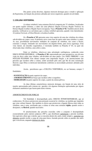Das partes acima descritas, algumas merecem destaque para o estudo e aplicação
da Ergonomia, em função das posturas adotadas por nosso organismo, quando em atividade.
1) COLUNA VERTEBRAL
A coluna vertebral é uma estrutura flexível composta por 33 vértebras, localizadas
em quatro regiões distintas, a saber (de cima p/baixo): Região Cervical, Região Toráxica ou
Dorsal, Região Lombar e Região Sacro-coccigeana. Veja a Prancha nº02. Também através desta
prancha, verificam-se as curvaturas que a coluna vertebral apresenta, quando vista lateralmente:
A Lordose Cervical, a Cifose Dorsal e a Lordose Lombar.
Já a Prancha nº 03 apresenta uma vista superior de uma das vértebras da coluna,
sub-dividida em corpo e asas. O primeiro serve como base de apoio entre uma vértebra e a outra.
As asas, possibilitam movimentos múltiplos do conjunto de vértebras, tais como a flexão,
extensão e rotação, limitando tais movimentos em ângulos-limite, para nossa segurança. Uma
vista lateral, em desenho esquemático, é mostrada também na Prancha nº 03, na qual são
observadas duas vértebras, uma sobre a outra.
Entre as vértebras, observa-se uma articulação cartilaginosa, conhecida como
DISCO INTERVERTEBRAL. A Prancha nº 04, representada por uma perspectiva, nos dá uma
visão do disco sobre uma vértebra, sub-dividido em duas partes: Um ANEL FIBROSO e um
NÚCLEO PULPOSO. Este último cumpre uma importante função, a de amortecimento das
pressões que incidem sobre a coluna, sendo auxiliado pelo anel, que lhe dá uma sustentação
flexível, cujas fibras se deslocam lateralmente conforme as necessidades posturais adotadas pelo
indivíduo.
Assim, percebemos que a COLUNA VERTEBRAL, no ser humano, cumpre 3
finalidades:
- SUSTENTAÇÃO da parte superior do corpo;
- AMORTECIMENTO de forças que incidem sobre o esqueleto;
- MOBILIDADE da parte superior do corpo, a partir da cintura pélvica.
As duas últimas características merecem destaque, em função de uma série de
reações apresentadas pelo sistema em questão e de algumas limitações apresentadas por alguns
elementos anatômicos que fazem parte deste sistema.
AMORTECIMENTO DE FORÇAS
Tal finalidade é desempenhada pelos DISCOS INTERVERTEBRAIS, que já
conhecemos. Os discos promovem uma proteção essencial às vértebras, na medida que impedem
que estas sofram fraturas. São também os discos que promovem a ligação fibrosa entre todas as
vértebras, uma à uma, auxiliando que a coluna se torne uma estrutura rígida, quando assim o
desejamos, ou flexível, quando necessário.
O amortecimento das pressões exercidas sobre o conjunto é desempenhado
essencialmente pelos núcleos pulposos (NP’s), que distribuem radialmente a pressão recebida.
Isto equivale a dizer que o núcleo, que se encontra dentro dos anéis, tende sempre a aumentar seu
diâmetro quando recebe a carga de cima para baixo, fazendo pressão sobre as paredes dos anéis
que o envolvem, enquanto diminui de altura.
08
 