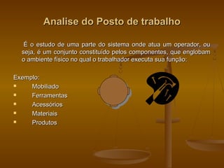Analise do Posto de trabalhoAnalise do Posto de trabalho
É o estudo de uma parte do sistema onde atua um operador, ouÉ o estudo de uma parte do sistema onde atua um operador, ou
seja, é um conjunto constituído pelos componentes, que englobamseja, é um conjunto constituído pelos componentes, que englobam
o ambiente físico no qual o trabalhador executa sua função:o ambiente físico no qual o trabalhador executa sua função:
Exemplo:Exemplo:
 MobiliadoMobiliado
 FerramentasFerramentas
 AcessóriosAcessórios
 MateriaisMateriais
 ProdutosProdutos
 