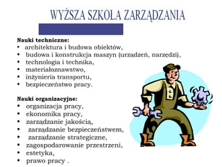 Nauki techniczne:
• architektura i budowa obiektów,
• budowa i konstrukcja maszyn (urządzeń, narzędzi),
• technologia i technika,
• materiałoznawstwo,
• inżynieria transportu,
• bezpieczeństwo pracy.
 
Nauki organizacyjne:
• organizacja pracy,
• ekonomika pracy,
• zarządzanie jakością,
• zarządzanie bezpieczeństwem,
• zarządzanie strategiczne,
• zagospodarowanie przestrzeni,
• estetyka,
• prawo pracy .
 