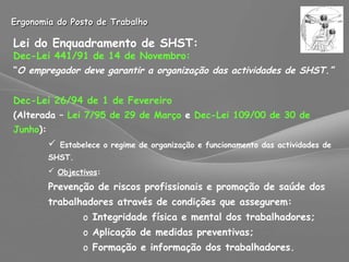 Ergonomia do Posto de Trabalho Lei do Enquadramento de SHST: Dec-Lei 441/91 de 14 de Novembro: “ O empregador deve garantir a organização das actividades de SHST.” Dec-Lei 26/94 de 1 de Fevereiro  (Alterada –  Lei 7/95 de 29 de Março  e  Dec-Lei 109/00 de 30 de Junho ): Estabelece o regime de organização e funcionamento das actividades de SHST. Objectivos :   Prevenção de riscos profissionais e promoção de saúde dos trabalhadores através de condições que assegurem:  Integridade física e mental dos trabalhadores; Aplicação de medidas preventivas; Formação e informação dos trabalhadores. 