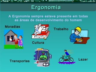 A Ergonomia sempre esteve presente em todas
as áreas de desenvolvimento do homem
Moradias
Transportes
Trabalho
Lazer
Cultura
ErgonomiaErgonomia
 