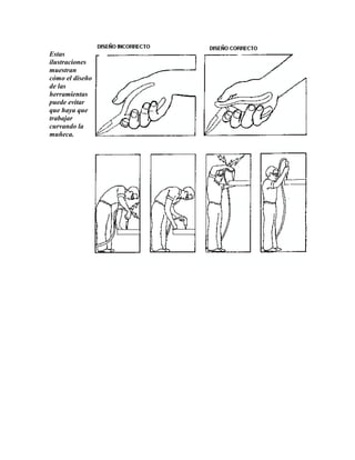 Estas
ilustraciones
muestran
cómo el diseño
de las
herramientas
puede evitar
que haya que
trabajar
curvando la
muñeca.
 