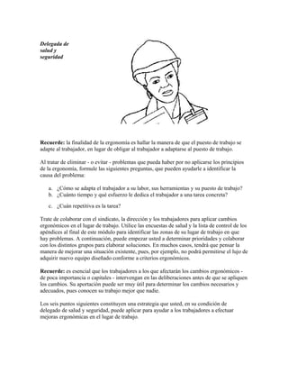 Delegada de
salud y
seguridad
Recuerde: la finalidad de la ergonomía es hallar la manera de que el puesto de trabajo se
adapte al trabajador, en lugar de obligar al trabajador a adaptarse al puesto de trabajo.
Al tratar de eliminar - o evitar - problemas que pueda haber por no aplicarse los principios
de la ergonomía, formule las siguientes preguntas, que pueden ayudarle a identificar la
causa del problema:
a. ¿Cómo se adapta el trabajador a su labor, sus herramientas y su puesto de trabajo?
b. ¿Cuánto tiempo y qué esfuerzo le dedica el trabajador a una tarea concreta?
c. ¿Cuán repetitiva es la tarea?
Trate de colaborar con el sindicato, la dirección y los trabajadores para aplicar cambios
ergonómicos en el lugar de trabajo. Utilice las encuestas de salud y la lista de control de los
apéndices al final de este módulo para identificar las zonas de su lugar de trabajo en que
hay problemas. A continuación, puede empezar usted a determinar prioridades y colaborar
con los distintos grupos para elaborar soluciones. En muchos casos, tendrá que pensar la
manera de mejorar una situación existente, pues, por ejemplo, no podrá permitirse el lujo de
adquirir nuevo equipo diseñado conforme a criterios ergonómicos.
Recuerde: es esencial que los trabajadores a los que afectarán los cambios ergonómicos -
de poca importancia o capitales - intervengan en las deliberaciones antes de que se apliquen
los cambios. Su aportación puede ser muy útil para determinar los cambios necesarios y
adecuados, pues conocen su trabajo mejor que nadie.
Los seis puntos siguientes constituyen una estrategia que usted, en su condición de
delegado de salud y seguridad, puede aplicar para ayudar a los trabajadores a efectuar
mejoras ergonómicas en el lugar de trabajo.
 