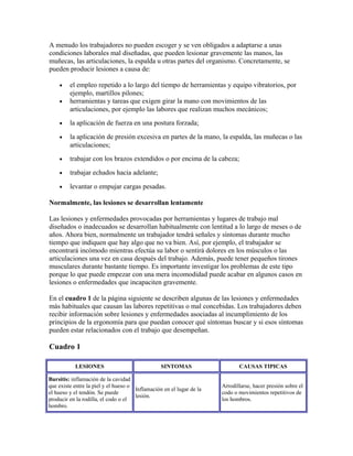 A menudo los trabajadores no pueden escoger y se ven obligados a adaptarse a unas
condiciones laborales mal diseñadas, que pueden lesionar gravemente las manos, las
muñecas, las articulaciones, la espalda u otras partes del organismo. Concretamente, se
pueden producir lesiones a causa de:
• el empleo repetido a lo largo del tiempo de herramientas y equipo vibratorios, por
ejemplo, martillos pilones;
• herramientas y tareas que exigen girar la mano con movimientos de las
articulaciones, por ejemplo las labores que realizan muchos mecánicos;
• la aplicación de fuerza en una postura forzada;
• la aplicación de presión excesiva en partes de la mano, la espalda, las muñecas o las
articulaciones;
• trabajar con los brazos extendidos o por encima de la cabeza;
• trabajar echados hacia adelante;
• levantar o empujar cargas pesadas.
Normalmente, las lesiones se desarrollan lentamente
Las lesiones y enfermedades provocadas por herramientas y lugares de trabajo mal
diseñados o inadecuados se desarrollan habitualmente con lentitud a lo largo de meses o de
años. Ahora bien, normalmente un trabajador tendrá señales y síntomas durante mucho
tiempo que indiquen que hay algo que no va bien. Así, por ejemplo, el trabajador se
encontrará incómodo mientras efectúa su labor o sentirá dolores en los músculos o las
articulaciones una vez en casa después del trabajo. Además, puede tener pequeños tirones
musculares durante bastante tiempo. Es importante investigar los problemas de este tipo
porque lo que puede empezar con una mera incomodidad puede acabar en algunos casos en
lesiones o enfermedades que incapaciten gravemente.
En el cuadro 1 de la página siguiente se describen algunas de las lesiones y enfermedades
más habituales que causan las labores repetitivas o mal concebidas. Los trabajadores deben
recibir información sobre lesiones y enfermedades asociadas al incumplimiento de los
principios de la ergonomía para que puedan conocer qué síntomas buscar y si esos síntomas
pueden estar relacionados con el trabajo que desempeñan.
Cuadro 1
LESIONES SINTOMAS CAUSAS TIPICAS
Bursitis: inflamación de la cavidad
que existe entre la piel y el hueso o
el hueso y el tendón. Se puede
producir en la rodilla, el codo o el
hombro.
Inflamación en el lugar de la
lesión.
Arrodillarse, hacer presión sobre el
codo o movimientos repetitivos de
los hombros.
 