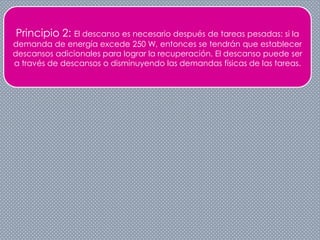 Principio 2: El descanso es necesario después de tareas pesadas: si la
demanda de energía excede 250 W, entonces se tendrán que establecer
descansos adicionales para lograr la recuperación. El descanso puede ser
a través de descansos o disminuyendo las demandas físicas de las tareas.
 