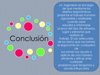 Conclusión
La ingeniería se encarga
de que mediante los
diseños ergonómicos
propiciar el trabajo humano
agradable y realizable,
cuando sabe
estudiar e informarse
acerca del tipo de esfuerzo,
lugar y personas que
realizan el
trabajo. El uso adecuado
de los datos que nos brinda
la ergonomía en cualquiera
de
sus ramas nos ayuda a
aplicar de una manera
eficiente y eficaz ante
cualquier
problema que tengamos y
donde influya esta
 