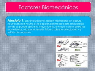 Factores Biomecánicos
Principio 1: Las articulaciones deben mantenerse en postura
neutra: postura neutra es la posición óptima de cada articulación
donde se puede aplicar la mayor fuerza, el mayor control sobre los
movimientos, y la menor tensión física a sobre la articulación ~ y
tejidos circundantes.
 