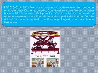 Principio 3: Evitar flexionar la columna: la parte superior del cuerpo de
un adulto pesa 40kg en promedio. Cuando el tronco se flexiona o dobla
hacia adelante es más difícil para los músculos y los ligamentos de la
espalda mantener el equilibrio de la parte superior del cuerpo. Por ello
deberán evitarse los periodos de tiempo prolongados con la columna
flexionada.
 