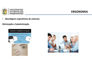 ERGONOMIA
• Abordagem ergonômica de sistemas
Otimização e Subotimização
 