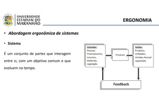 • Sistema
É um conjunto de partes que interagem
entre si, com um objetivo comum e que
evoluem no tempo.
ERGONOMIA
• Abordagem ergonômica de sistemas
 