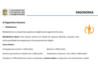 ERGONOMIA
O Organismo Humano
• Metabolismo
Metabolismo é o estudo dos aspectos energéticos do organismo humano.
Metabolismo Basal: Uma pessoa mesmo em estado de repouso absoluto, consome uma
certa quantidade de energia para o funcionamento de órgãos.
Gastos Médios:
Empregados de escritório: 2 500 kcal/dia. Motorista: 2 800 kcal/dia
Operário executando um trabalho leve: 3 000 kcal/dia. Trabalhadores industriais: entre 2 800 e 4 000 kcal/dia.
Estivadores: 4 500 kcal/dia (esta marca é considerada a máxima exigível, a longo prazo, sem comprometer a saúde).
 