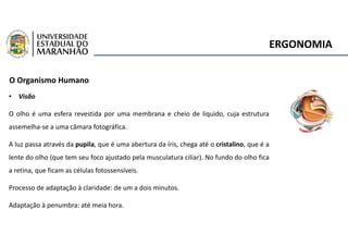 ERGONOMIA
O Organismo Humano
• Visão
O olho é uma esfera revestida por uma membrana e cheio de líquido, cuja estrutura
assemelha-se a uma câmara fotográfica.
A luz passa através da pupila, que é uma abertura da íris, chega até o cristalino, que é a
lente do olho (que tem seu foco ajustado pela musculatura ciliar). No fundo do olho fica
a retina, que ficam as células fotossensíveis.
Processo de adaptação à claridade: de um a dois minutos.
Adaptação à penumbra: até meia hora.
 