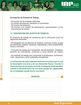 ErgonomíaBásica
Área Ergonomía
APUNTES
14
Concepción de Puestos de Trabajo
• En función de las medidas corporales
• En función de posturas, esfuerzos y movimientos
• En función del ambiente
• En función a los medios de señalización, representación y a los
instrumentos de mando
3.7 DESCRIPCIÓN DEL PUESTO DE TRABAJO.
El ambiente de trabajo se caracteriza por la interacción entre los
siguientes elementos:
• El trabajador con los atributos de estatura, anchuras, fuerza, rangos
de movimiento, intelecto, educación, expectativas y otras características
físicas y mentales
• El puesto de trabajo que comprende: las herramientas, mobiliario,
paneles de indicadores, controles y otros objetos de trabajo
• El ambiente de trabajo que comprende la temperatura, iluminación,
ruido, vibraciones y otras cualidades atmosféricas
La interacción de estos aspectos determina la manera por la cual
se desempeña una tarea y de sus demandas físicas. Cuando la
demanda física de las tareas aumenta, el riesgo de lesión también,
cuando la demanda física de una tarea excede las capacidades
de un trabajador puede ocurrir una lesión.
 