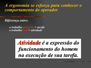 A ergonomia se esforça para conhecer o comportamento do operador Diferença entre: o trabalho   prescrito   = tarefa o trabalho   real   = atividade Atividade  é a expressão do funcionamento do homem na execução de sua tarefa. 
