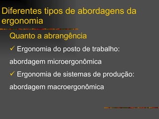 Diferentes tipos de abordagens da ergonomia Quanto a abrangência Ergonomia do posto de trabalho: abordagem microergonômica Ergonomia de sistemas de produção: abordagem macroergonômica 