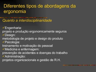 Diferentes tipos de abordagens da ergonomia Quanto a interdisciplinaridade   Engenharia: projeto e produção ergonomicamente seguros Design: metodologia de projeto e design do produto Psicologia: treinamento e motivação do pessoal Medicina e enfermagem:  prevenção de acidentes e doenças do trabalho Administração: projetos organizacionais e gestão de R.H. 