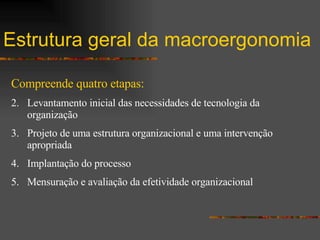 Estrutura geral da macroergonomia Compreende quatro etapas: Levantamento inicial das necessidades de tecnologia da organização Projeto de uma estrutura organizacional e uma intervenção apropriada Implantação do processo Mensuração e avaliação da efetividade organizacional 