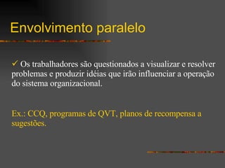 Envolvimento paralelo Os trabalhadores são questionados a visualizar e resolver problemas e produzir idéias que irão influenciar a operação do sistema organizacional. Ex.: CCQ, programas de QVT, planos de recompensa a sugestões. 
