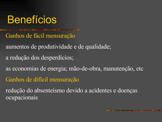 Benefícios Ganhos de fácil mensuração aumentos de produtividade e de qualidade; a redução dos desperdícios; as economias de energia; mão-de-obra, manutenção, etc   Ganhos de difícil mensuração redução do absenteísmo devido a acidentes e doenças ocupacionais 