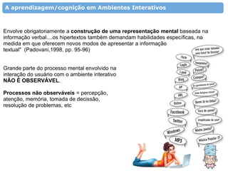 A aprendizagem/cognição em Ambientes Interativos



Envolve obrigatoriamente a construção de uma representação mental baseada na
informação verbal....os hipertextos também demandam habilidades específicas, na
medida em que oferecem novos modos de apresentar a informação
textual" (Padovani,1998, pp. 95-96)


Grande parte do processo mental envolvido na
interação do usuário com o ambiente interativo
NÃO É OBSERVÁVEL.

Processos não observáveis = percepção,
atenção, memória, tomada de decissão,
resolução de problemas, etc
 