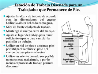 Ajustar la altura de trabajo de acuerdo
con las dimensiones del cuerpo.
Utilice la altura del codo como guía.
Mire de frente el objeto de trabajo.
Mantenga el cuerpo cerca del trabajo.
Ajuste el lugar de trabajo para tener
suficiente espacio para cambiar la
posición de trabajo.
Utilice un riel de pies o descansa pies
portátil para cambiar el peso del
cuerpo de una pierna a la otra.
Utilice un asiento cuando sea posible
mientras está trabajando, o por lo
menos el proceso de trabajo permite
descansar.
Estación de Trabajo Diseñada para unEstación de Trabajo Diseñada para un
Trabajador que Permanece de Pie.Trabajador que Permanece de Pie.
 