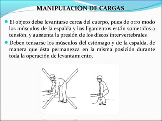 El objeto debe levantarse cerca del cuerpo, pues de otro modo
los músculos de la espalda y los ligamentos están sometidos a
tensión, y aumenta la presión de los discos intervertebrales
Deben tensarse los músculos del estómago y de la espalda, de
manera que ésta permanezca en la misma posición durante
toda la operación de levantamiento.
MANIPULACIÓN DE CARGASMANIPULACIÓN DE CARGAS
 
