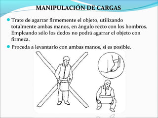Trate de agarrar firmemente el objeto, utilizando
totalmente ambas manos, en ángulo recto con los hombros.
Empleando sólo los dedos no podrá agarrar el objeto con
firmeza.
Proceda a levantarlo con ambas manos, si es posible.
MANIPULACIÓN DE CARGASMANIPULACIÓN DE CARGAS
 