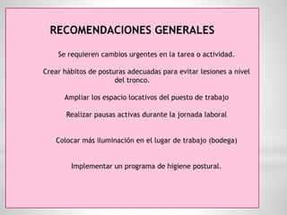 RECOMENDACIONES GENERALES
Se requieren cambios urgentes en la tarea o actividad.
Crear hábitos de posturas adecuadas para evitar lesiones a nivel
del tronco.
Ampliar los espacio locativos del puesto de trabajo
Realizar pausas activas durante la jornada laboral
Colocar más iluminación en el lugar de trabajo (bodega)
Implementar un programa de higiene postural.
 