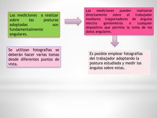 Las mediciones a realizar
sobre las posturas
adoptadas son
fundamentalmente
angulares.
Se utilizan fotografías se
deberán hacer varias tomas
desde diferentes puntos de
vista.
Las mediciones pueden realizarse
directamente sobre el trabajador
mediante trasportadores de ángulos
electro goniómetros o cualquier
dispositivo que permita la toma de los
datos angulares.
Es posible emplear fotografías
del trabajador adoptando la
postura estudiada y medir los
ángulos sobre estas.
 