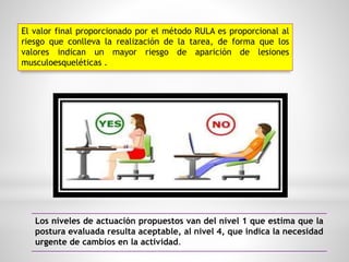El valor final proporcionado por el método RULA es proporcional al
riesgo que conlleva la realización de la tarea, de forma que los
valores indican un mayor riesgo de aparición de lesiones
musculoesqueléticas .
Los niveles de actuación propuestos van del nivel 1 que estima que la
postura evaluada resulta aceptable, al nivel 4, que indica la necesidad
urgente de cambios en la actividad.
 