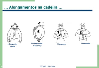…  Alongamentos na cadeira …  3-5 segundos 3 vezes 10-12 segundos Cada braço 10 segundos 10 segundos 