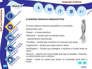 Designação do Módulo

SHST para Trabalhadores

Módulo III


1

–

s
ito
e
nc
co

is
ra
ge











co

de
es
or ao
ct s r
Fa nte do
a
–
2 ere alh
in ab
tr
de à
s te s
re n
to r e
c e
fa in
– o
3 sc f a
co e
ri re
a
is ent
r i
t
de mb
es a
or ao
ct s
Fa nte lho
a
–
4 ere rab
in e t
d
s
do co
le is
ro e r
t
on s d
C re
–
5 cto
fa





O SISTEMA MUSCULO-ESQUELÉCTICO
r is





O nosso sistema músculo-esquelético é constituído,
basicamente, por:
•Ossos – a nossa estrutura
•Músculos – tecidos que se contraem para
possibilitarem movimentos
•Tendões – tecidos que conectam os músculos aos ossos
•Ligamentos – tecidos que ligam ossos a ossos
•Cartilagens – Tecidos que protegem e reduzem a fricção entre os
ossos
•Nervos – sistema de comunicação que liga os tendões, músculos,
e outros tecidos com o cérebro
•Veias – tubos ou canais que levam os nutrientes para todo o
corpo

12/54

a
nd
ge
Le

 