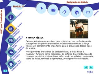 Designação do Módulo

SHST para Trabalhadores

Módulo III


1

–

s
ito
e
nc
co



is
ra
ge

r is









co

de
es
or ao
ct s r
Fa nte do
a
–
2 ere alh
in ab
tr
de à
s te s
re n
to r e
c e
fa in
– o
3 sc f a
co e
ri re
a
is ent
r i
t
de mb
es a
or ao
ct s
Fa nte lho
a
–
4 ere rab
in e t
d
s
do co
le is
ro e r
t
on s d
C re
–
5 cto
fa






A FORÇA FÍSICA
Existem estudos que apontam para o facto de, nas profissões mais
susceptíveis de provocarem lesões músculo-esqueléticas, a força
física é um complemento importante para a prevenção desses tipos
de lesões.
Principalmente em tarefas de carácter físico, a força física e
muscular, funciona como catalisador do esforço dispendido, fazendo
com que os efeitos nocivos desse esforço não se reflictam totalmente
sobre os ossos, tendões e ligamentos, protegendo-os das lesões.



17/54

a
nd
ge
Le

 