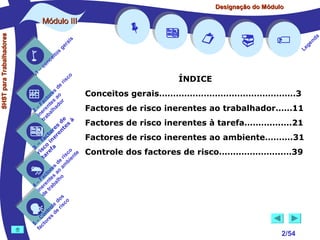 Designação do Módulo

SHST para Trabalhadores

Módulo III


1

–

s
ito
e
nc
co

is
ra
ge

r is

co

de
es
or ao
ct s r
Fa nte do
a
–
2 ere alh
in ab
tr
de à
s te s
re n
to r e
c e
fa in
– o
3 sc f a
co e
ri re
a
is ent
r i
t
de mb
es a
or ao
ct s
Fa nte lho
a
–
4 ere rab
in e t
d
s
do co
le is
ro e r
t
on s d
C re
–
5 cto
fa















a
nd
ge
Le

ÍNDICE
Conceitos gerais………………………………………….3
Factores de risco inerentes ao trabalhador……11
Factores de risco inerentes à tarefa…………..…21
Factores de risco inerentes ao ambiente……….31
Controle dos factores de risco…………………..…39





2/54

 